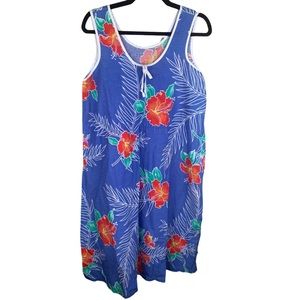 Vintage Hawaiian Hand sewn Blue Aloha Print sleeveless MIDI Dress cotton fabric